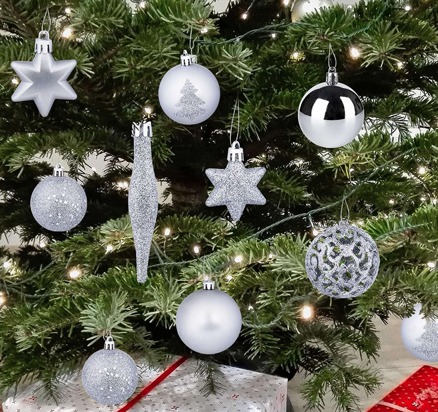 - Set Di 115 Palline Di Natale in Argento, Decorazioni Natalizie, Con Puntale per Albero Di Natale, Decorazione a Forma Di Stella, Diametro 30/40/60 Mm