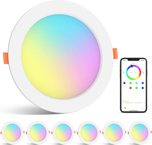 Faretto Da Incasso a LED RGB, 12 W, 4 Pollici, Luce Bianca Calda, Con Controllo Tramite Bluetooth, Dimmerabile, Faretto Da Soffitto, Faretto Da Incasso a Soffitto, Confezione Da 6 Pezzi