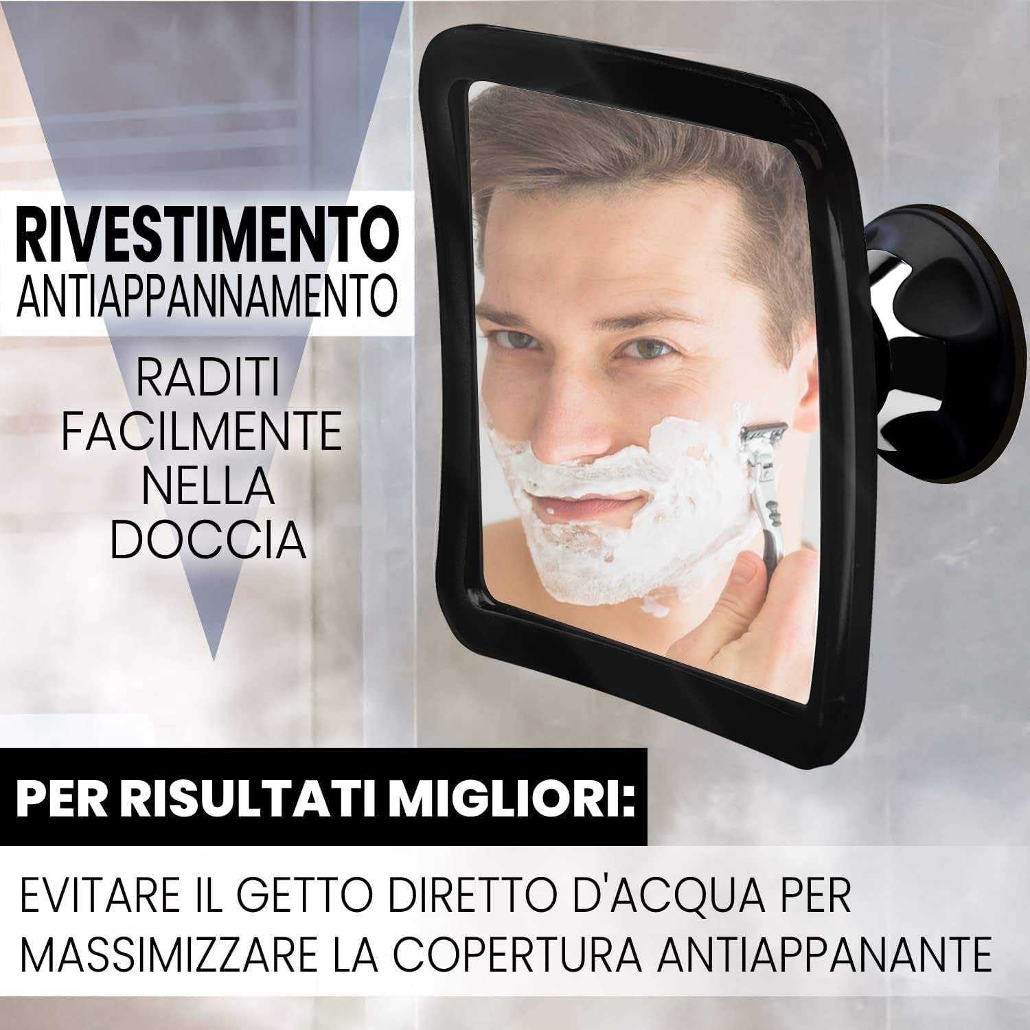 Specchio Da Doccia E Rasatura Senza Nebbia Con Supporto a Ventosa per Bagno - Superficie Infrangibile anti Appannamento E Girevole a 360°, 16Cm X 16Cm (Nero)