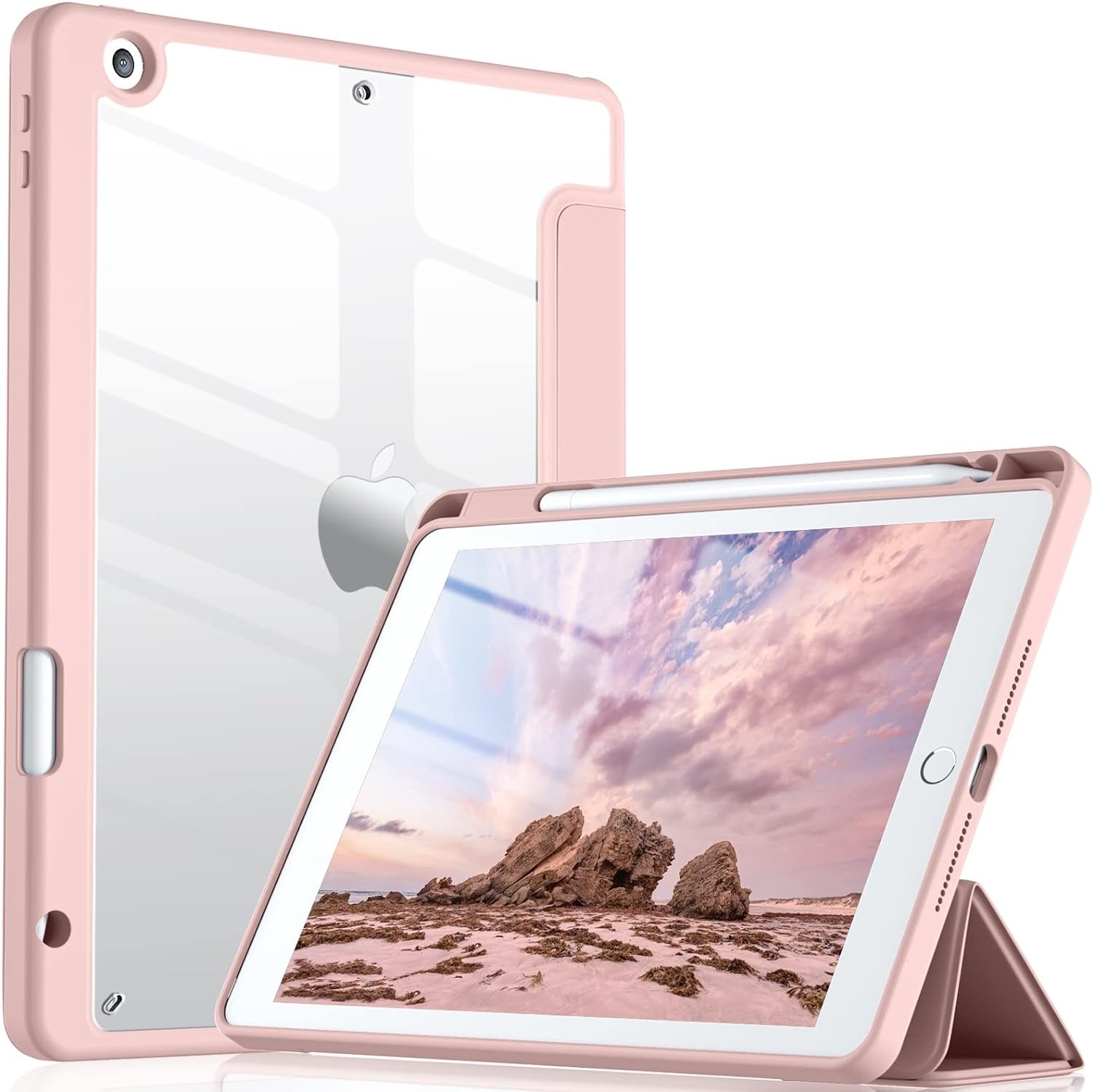 Trasparente Cover per Ipad 9A/8A/7A Generazione 10,2 Pollici (2021/2020/2019) Con Portapenne, Custodia Del Paraurti a Prova Di Shock Con Shell Posteriore Trasparente, Rosa