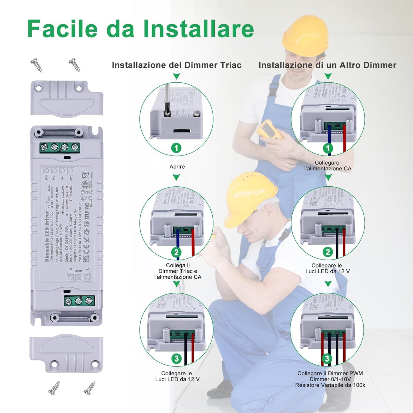 Trasformatore LED 12V 20W Dimmerabile, Triac & 0-10V&1-10V & PWM & Resistenza Da 100K, Alimentatore 12V 1.66A Di Tensione Costante, Driver LED AC 220V to DC Trasformatori Di Bassa Tensione