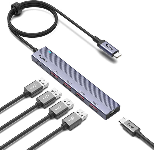 Hub USB 3.2 Gen 2 10Gbps Con 4 Porte USB-A, Sdoppiatore USB 3.2 Adattatore 5 in 1 Con Cavo Lungo 100 Cm E Porta Di Alimentazione Type-C per Laptop, PC Desktop, Xbox E Mac, Ecc.