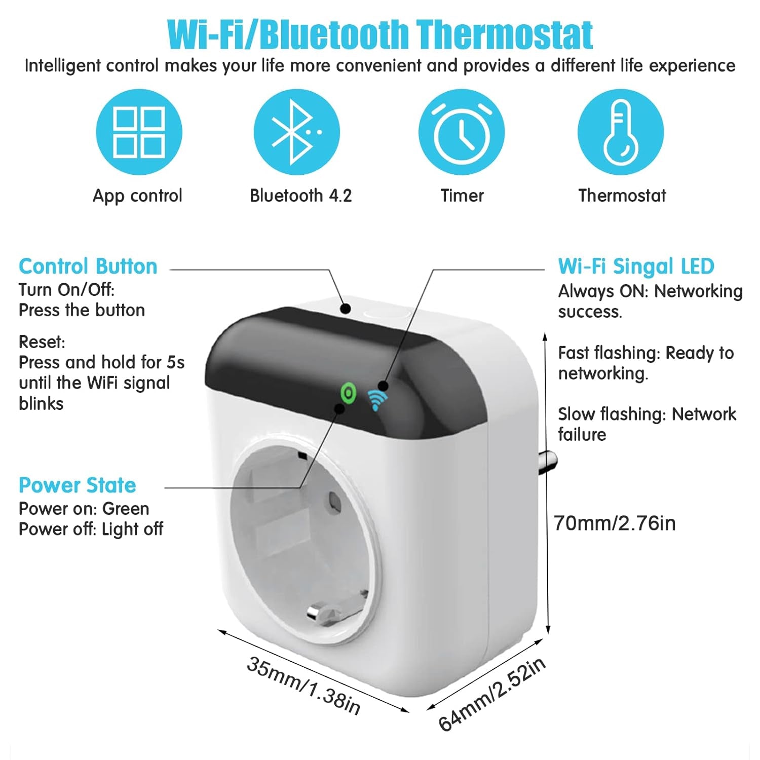 Presa Intelligente Wifi 15A Smart Plug, Presa Programmabile Smart WLAN Con Sensore Di Temperatura, Controllo Digitale Wifi, Presa 230 V Con App, Compatibile Con Alexa E Google Assistent