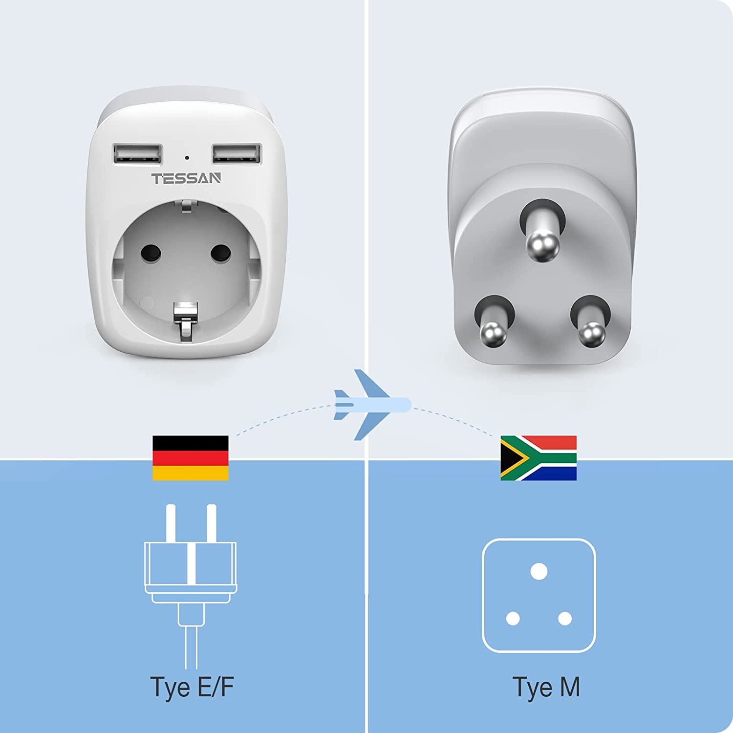 Adattatore Da Viaggio Sudafrica, Adattatore Presa Sudafrica Con 2 USB, Adattatore Da Viaggio Con Spina Tipo M per Sudafrica, Namibia, Lesotho, Bhutan, Mozambico