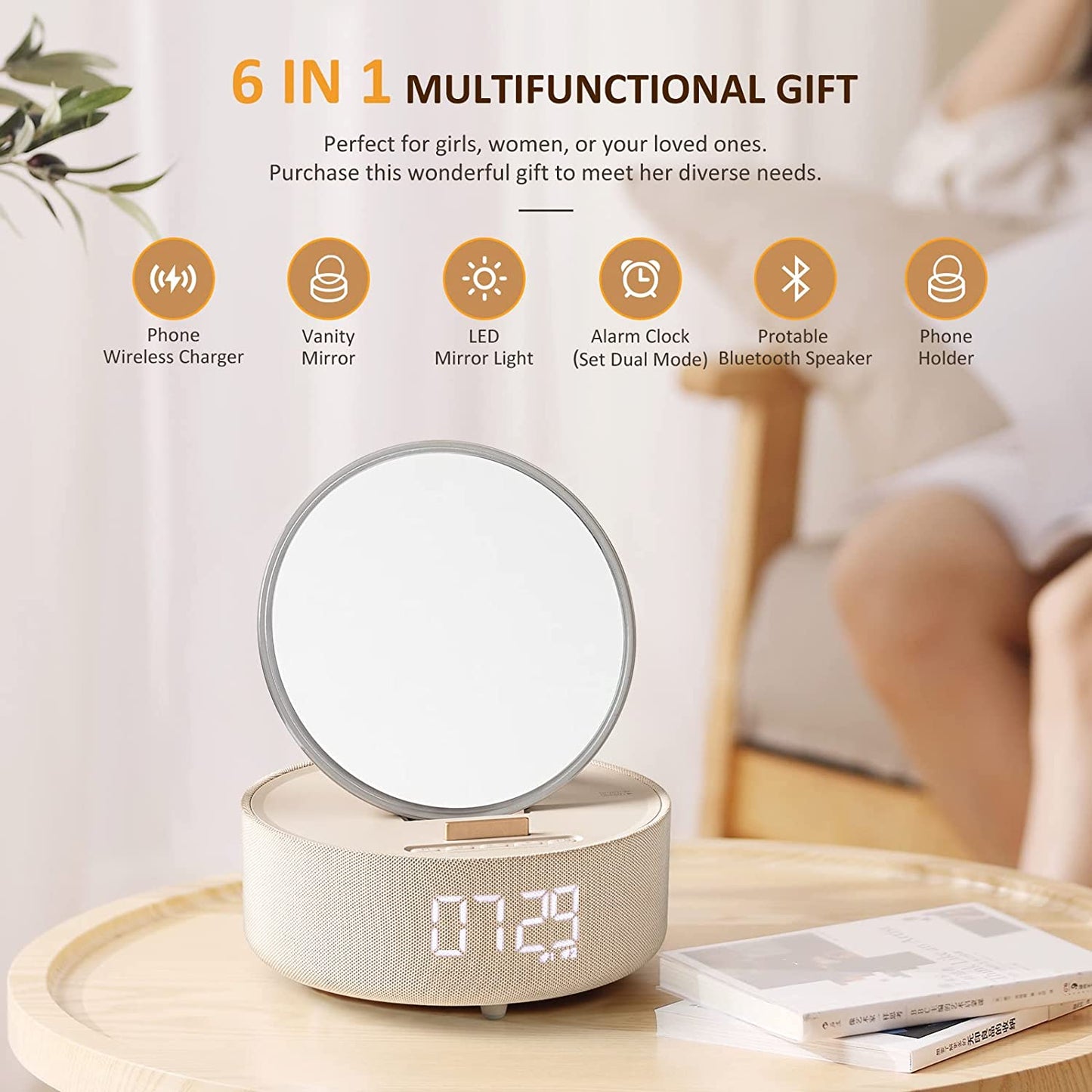 Regali Di Compleanno per Donne, Caricabatterie Wireless 6 in 1 Con Luci a Specchio, Sveglia, Altoparlante Bluetooth, Supporto per Telefono, Regali Di Ringraziamento per Donne Mamma Fidanzata