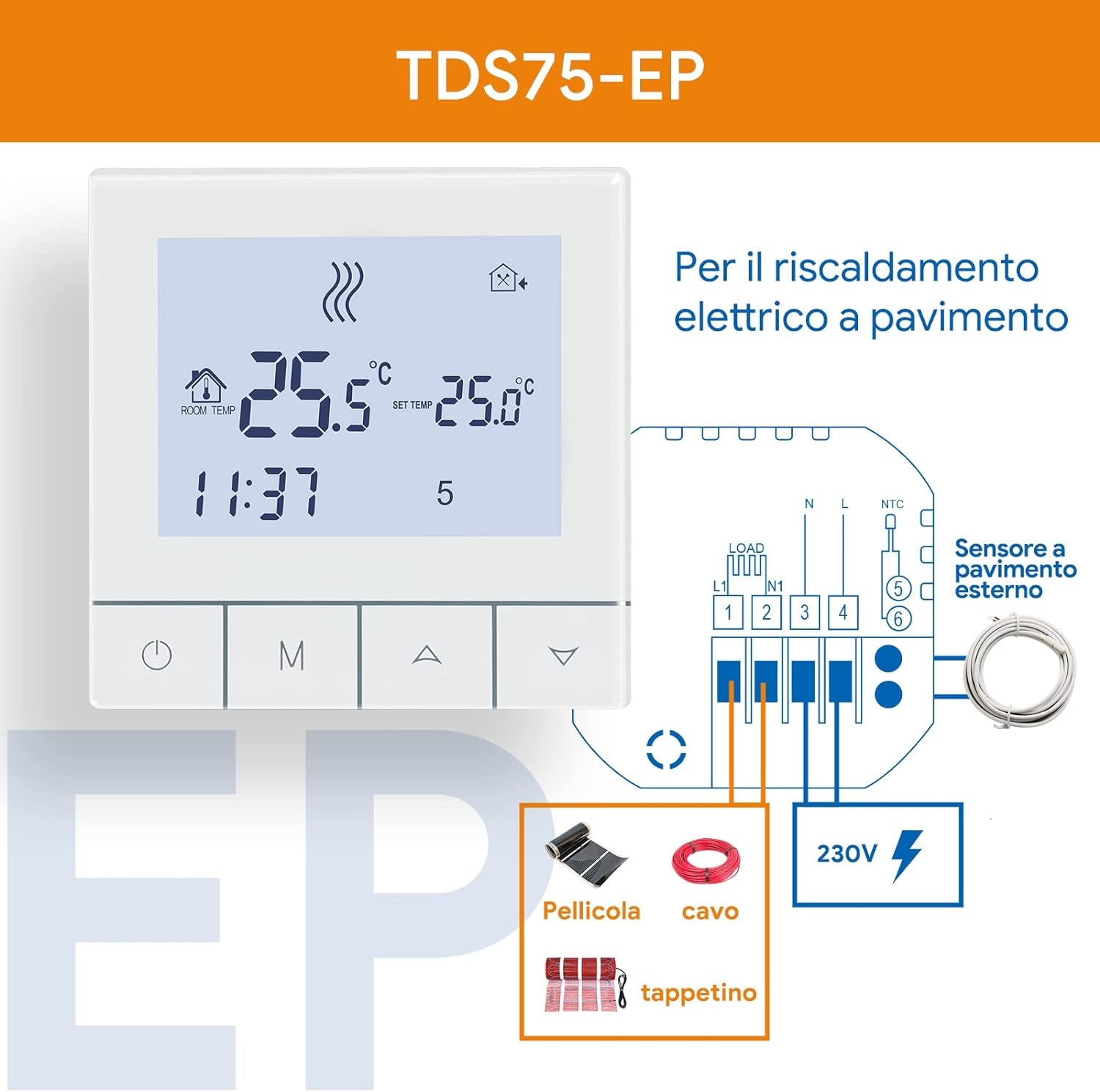 Termostato Ambiente Intelligente,Lcd Touchscreen Digitale Termostati Programmabile Settimanale per Riscaldamento a Pavimento Elettrico 16A TDS75-EP