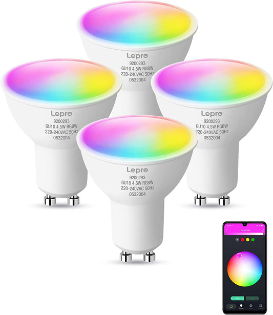 Lampadina LED GU10 Wifi Intelligente RGBW, Faretti LED Smart Compatibile Con Alexa E Google Home, 4.5W (=50W), Luce Dimmerabile RGB + Bianco Caldo, Nessun Hub Richiesto, 4 Pezzi