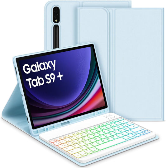 Tastiera Retroilluminata per Samsung Galaxy Tab S9+/S9 plus 12,4" 2023, QWERTZ Tastiera Retroilluminata Rimovibile Con Custodia per Galaxy Tab S9+ 12,4" 2023 (SM-X810/X816/X818), Blu