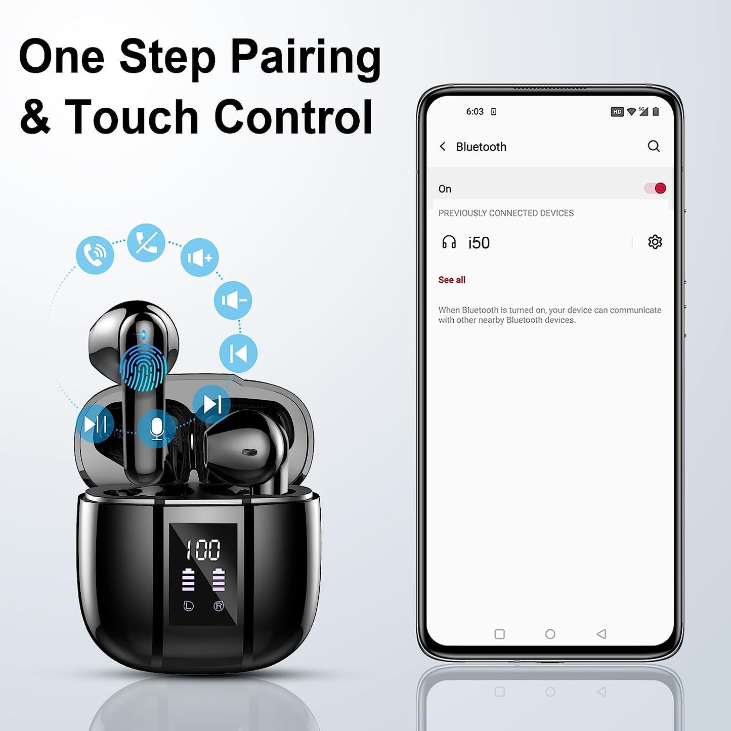 Cuffie Bluetooth, Auricolari Bluetooth 5.3 Wireless Stereo Hifi Con 4 HD Mic, 48Ore Mini Cuffie Senza Fili IP7 Impermeabili, 3G Ultra Leggero in Ear Cuffiette Bluetooth Cancellazione Rumore/Led/Usb-C