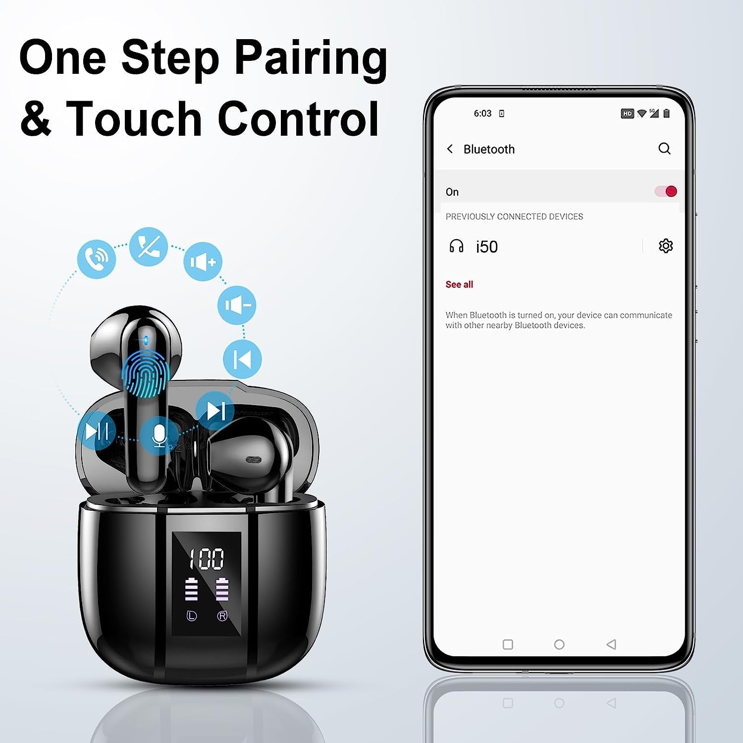 Cuffie Bluetooth, Auricolari Bluetooth 5.3 Wireless Stereo Hifi Con 4 HD Mic, 48Ore Mini Cuffie Senza Fili IP7 Impermeabili, 3G Ultra Leggero in Ear Cuffiette Bluetooth Cancellazione Rumore/Led/Usb-C