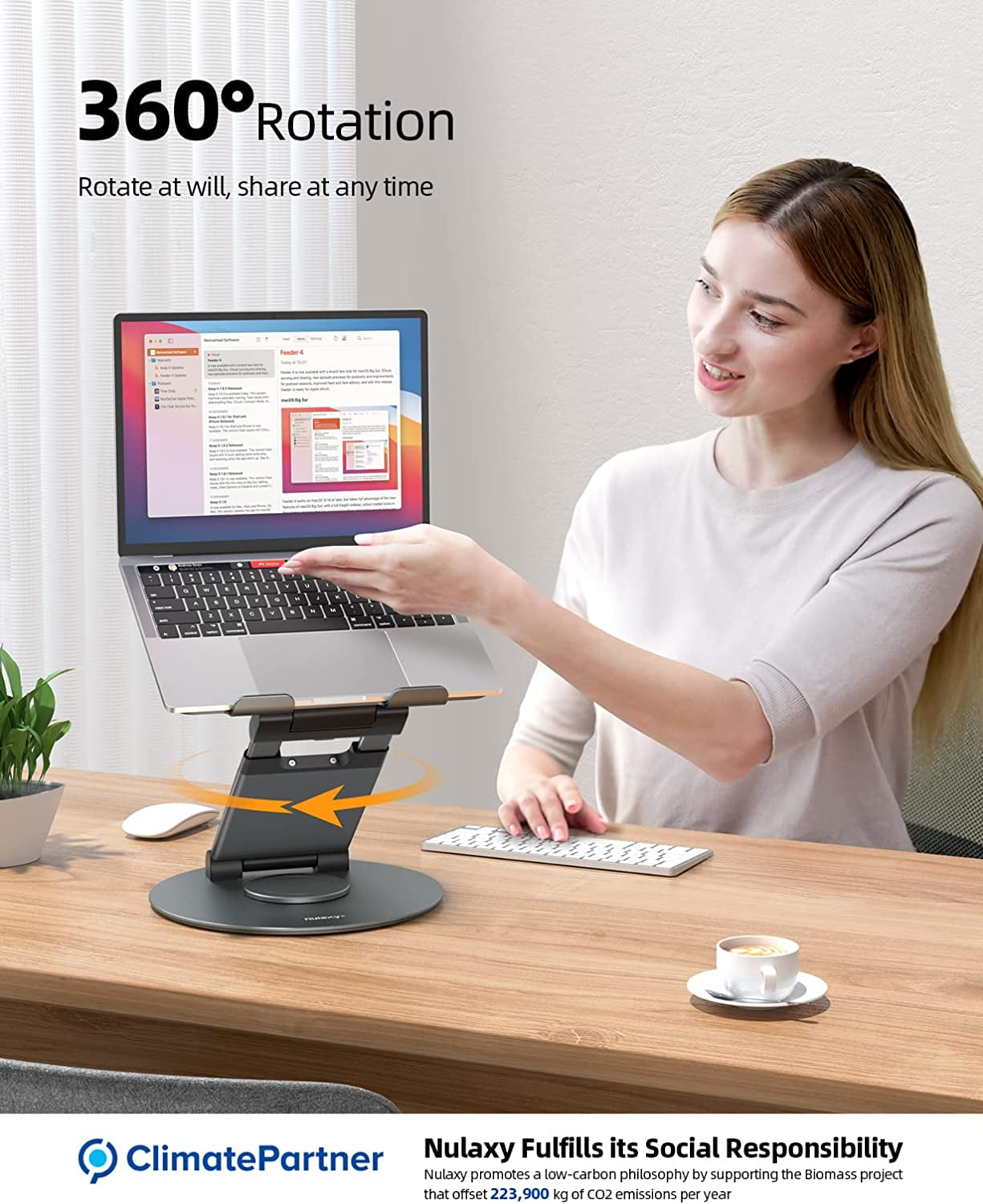 Supporto per Scrivania Regolabile per Computer Portatile Con Base Girevole a 360°, Supporto Ergonomico per Computer Portatile, Adatto per Tutti I Laptop Da 10 a 17 Pollici, Grigio