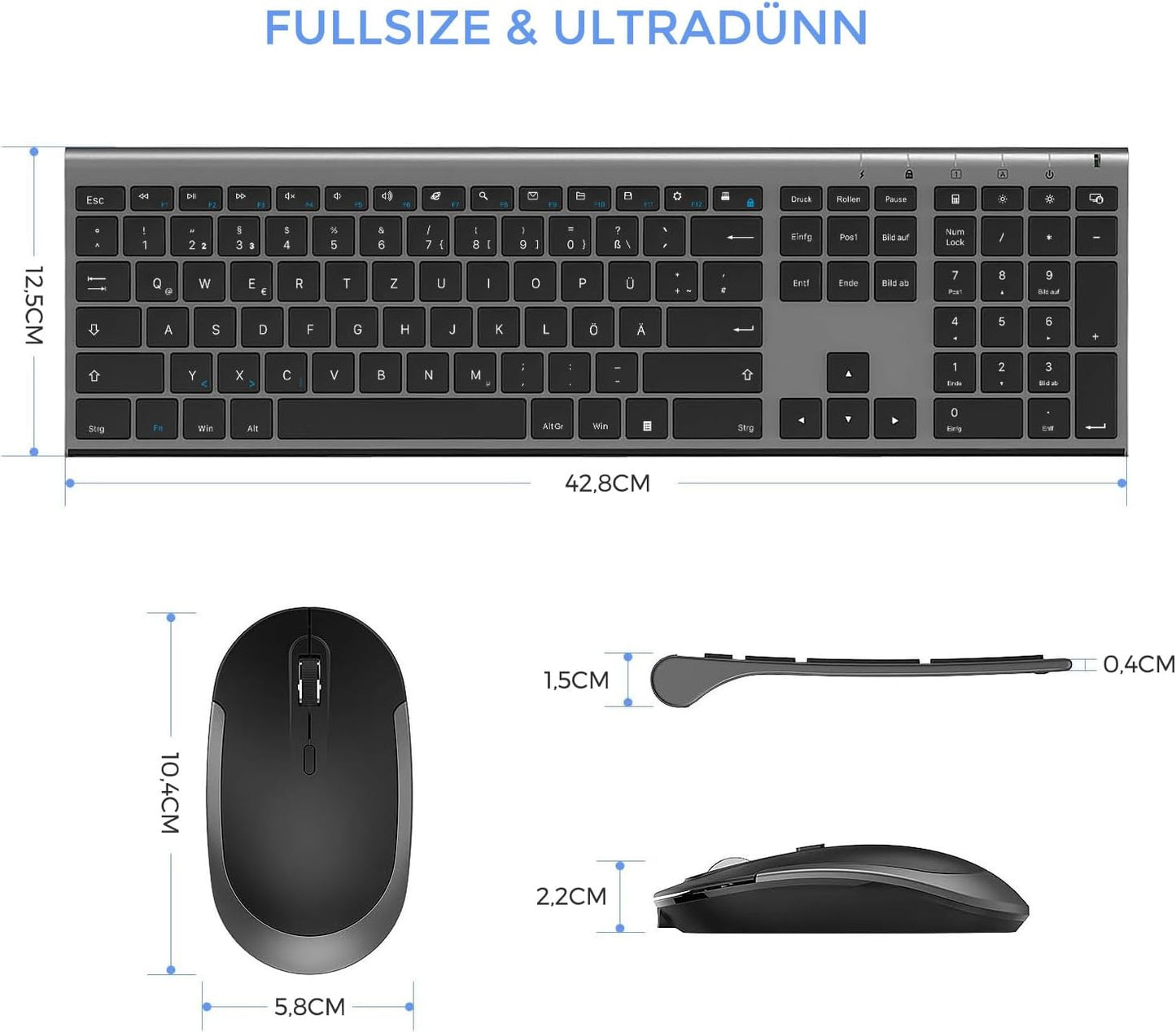 Tastiera E Mouse Senza Fili, 2,4 G, Ultra Sottile, Ricaricabile, Con Mouse Silenzioso, per Computer/Laptop, Dimensioni Complete E Layout QWERTZ (Nero E Grigio)