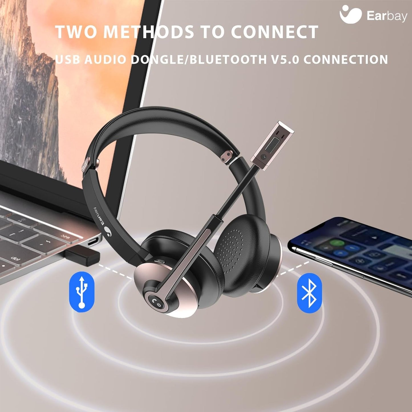 Cuffie Bluetooth Con Microfono, Cuffie Wireless Con Microfono E Cancellazione Del Rumore, Cuffie Wireless Con Dongle USB E Pulsante Muto per Pc/Ufficio/Zoom/Skype Rose Gold