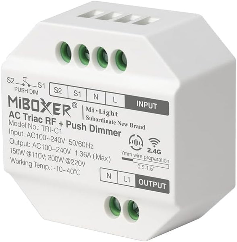 , Milight Miboxer TRIAC Dimmer Modulo RF + Controllo PUSH per Lampade Faretti AC 100-240V Trailing Edge Phase Cut Dimmer TRI-C1