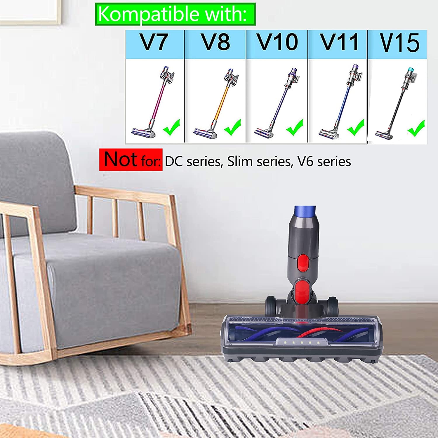 Spazzola Compatibile Con Dyson V7 V8 V10 V11 V15 Accessorio per Aspirapolvere Bocchetta per Pavimenti Con 5 Luci Anteriori Larghe 26 Cm