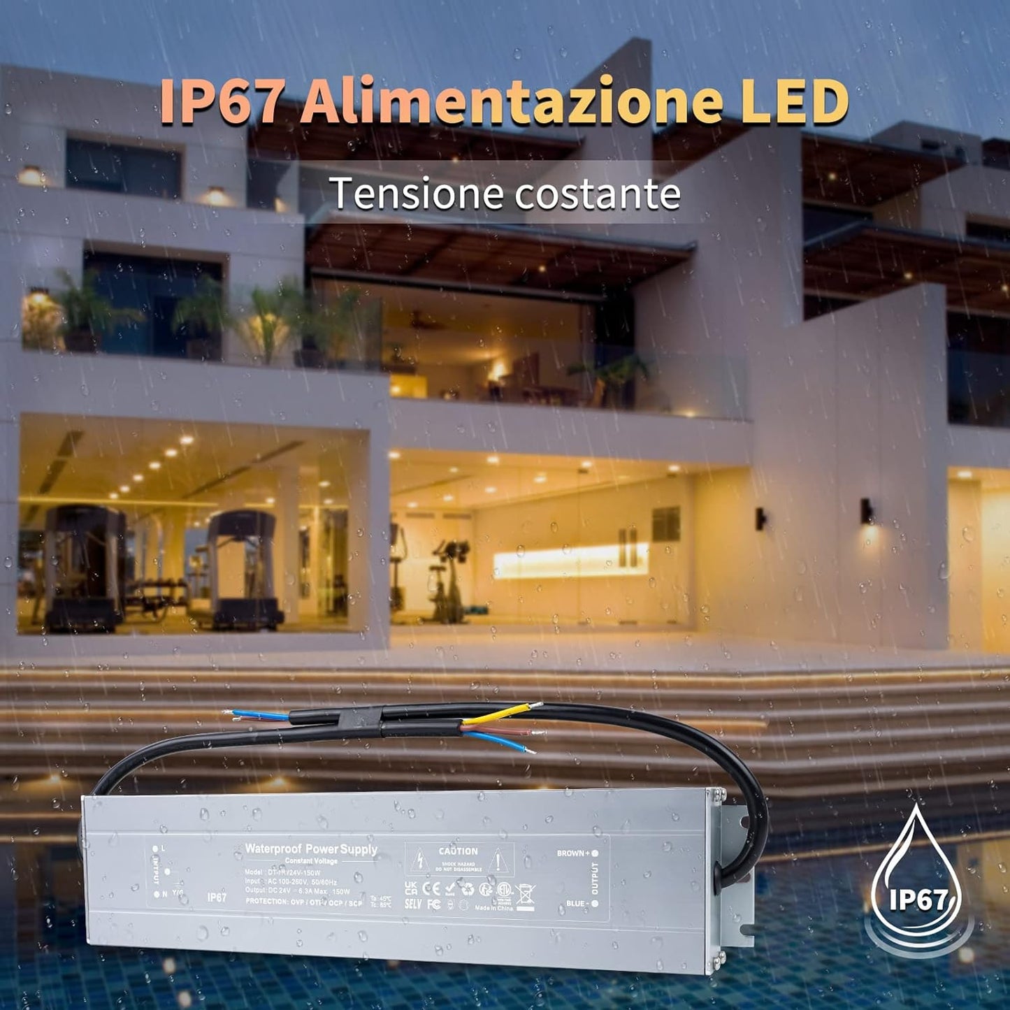 IP67 Impermeabile Trasformatore LED 24V 150W Alimentatore LED 6.25A, Trasformatori 220V a 24V DC Slim Tensione Costante Switching Driver LED, per Striscia LED Lampadine LED G4 GU5.3 MR11 MR16
