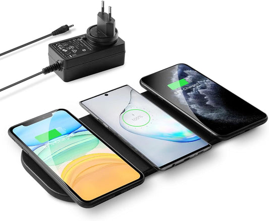 Caricatore Wireless, 3*10W Ricarica Rapida Caricabatterie a Induzione per I*Phone 12 Mini/12 PRO Max /11 PRO/XS/XS Max/Xr/X /8/8 Plus, Galaxy S10 /S9 /S9 + /S8, A*Irpods Pro (Pelle PU Nero)