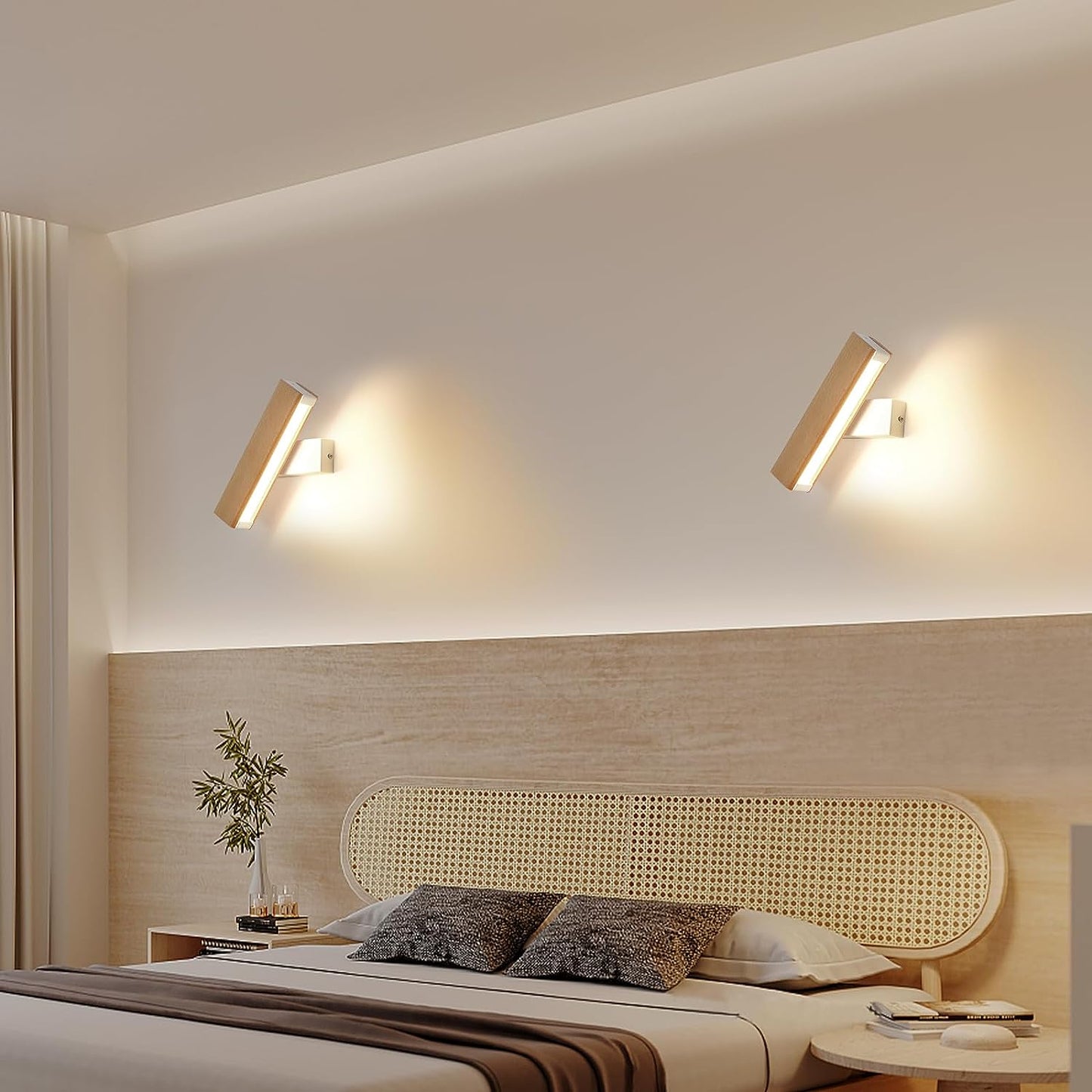 Applique Parete Legno, 4W Applique Da Parete Interno 360° Girevole, 3000K Lampada Da Parete a LED, Lampada a Muro in Alluminio per Soggiorno, Camera Da Letto, Corridoio, Base Bianca (21CM)