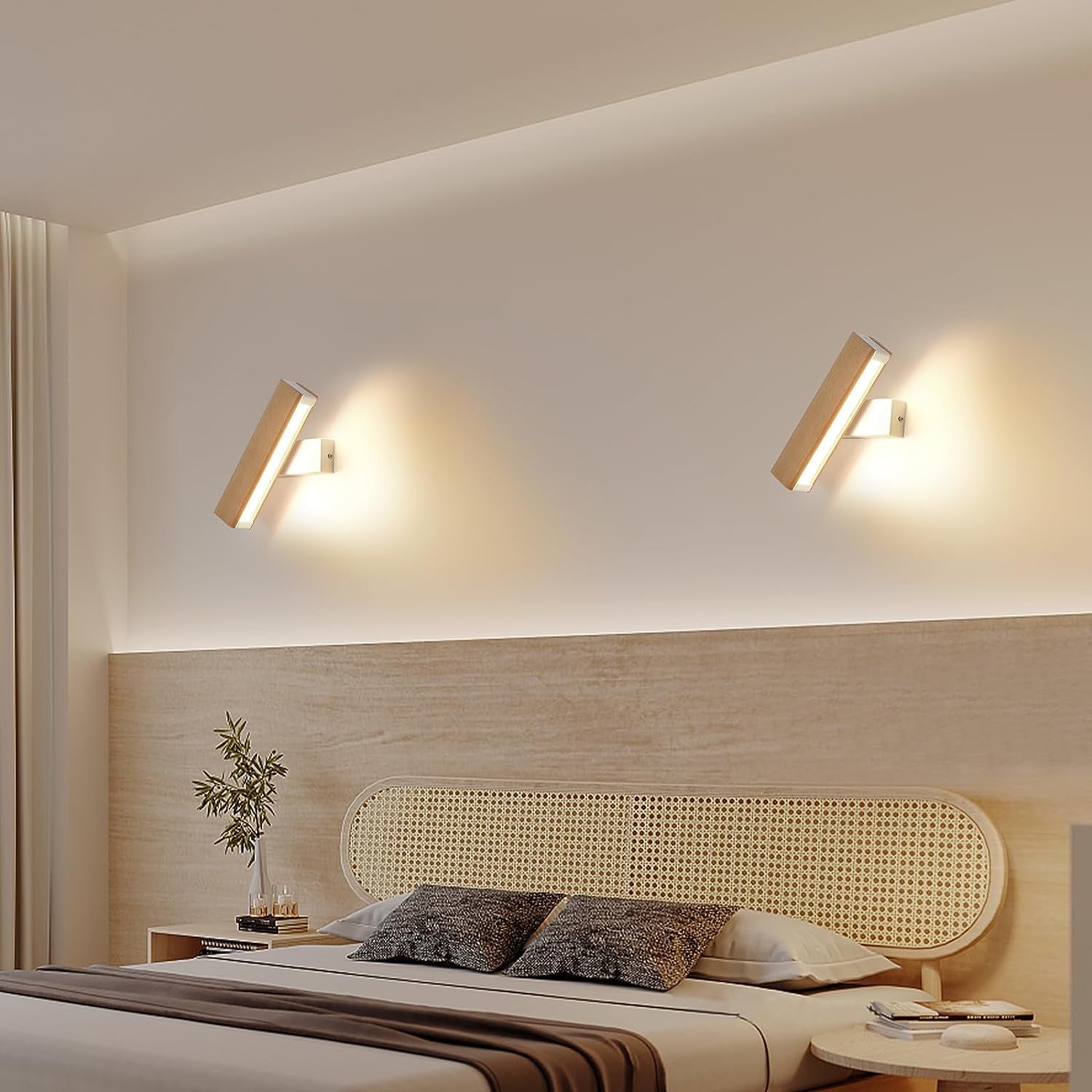 Applique Parete Legno, 4W Applique Da Parete Interno 360° Girevole, 3000K Lampada Da Parete a LED, Lampada a Muro in Alluminio per Soggiorno, Camera Da Letto, Corridoio, Base Bianca (21CM)