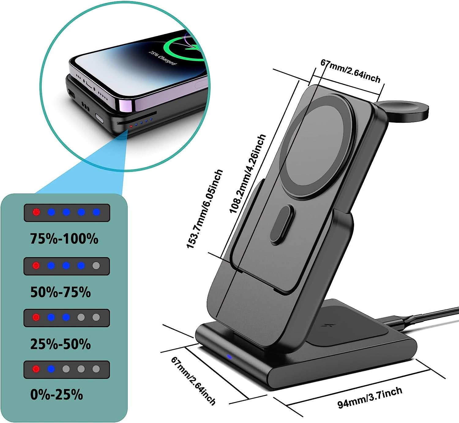 Caricatore Wireless Magnetico, Mag-Safe Battery Pack 5000Mah Staccabile, Pieghevole Caricatore Mag Safe per Iphone 15 14 Pro Max 13, Ricarica Wireless per Iwatch 9 8, Caricatore Iphone per Airpods Pro