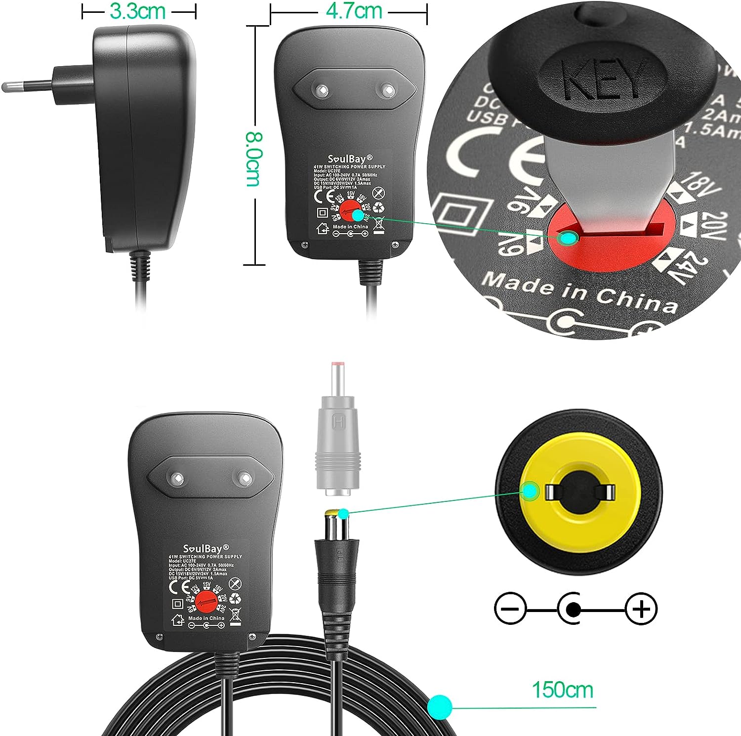 6V - 24V 41W Alimentatore Switching Universale per Caricabatterie CA/CC Con Punte CC Da 11 Pezzi, Contiene Spina USB-C per Elettronica Domestica E Strisce LED - 2000 Ma Max