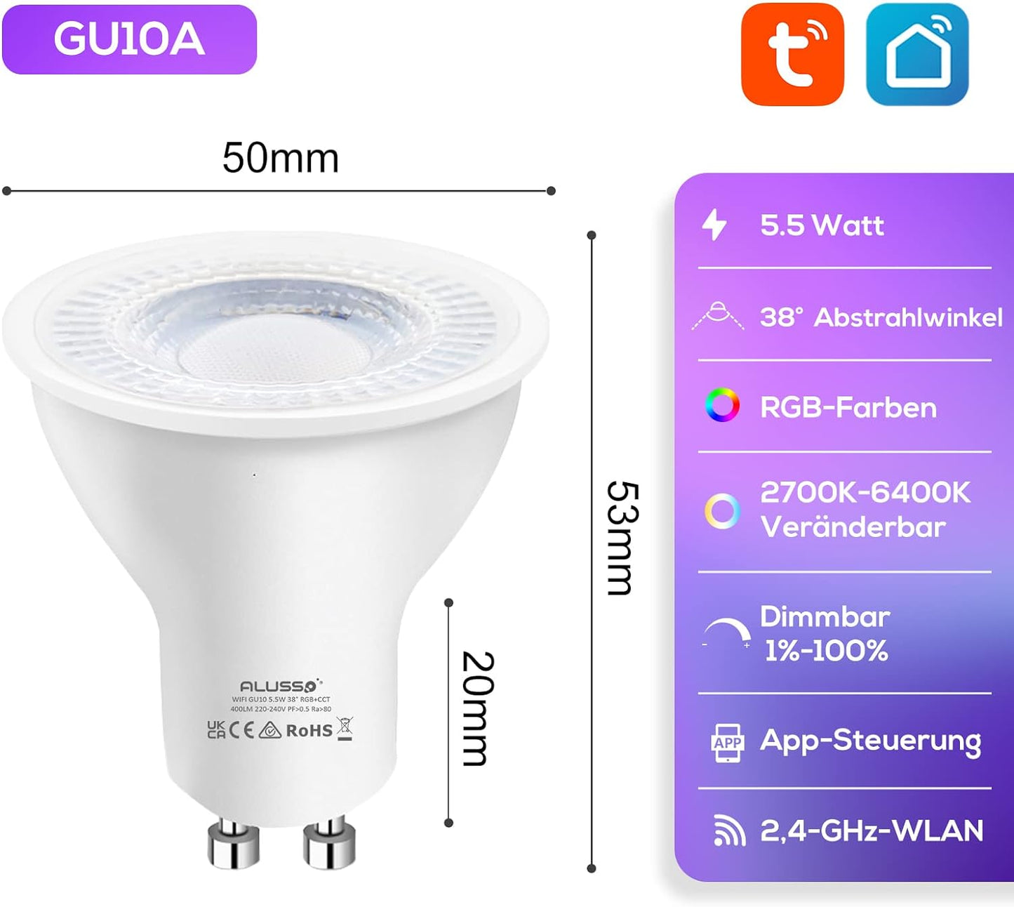 Wifi Smart GU10 Lampadine LED, Bianco E Colore 38° Lampadine Spot, Dimmerabile 5.5W 230V RGB/WW/CW, Dimmerabile 2700K-6400K, Funziona Con Alexa Google Home, Confezione Da 4