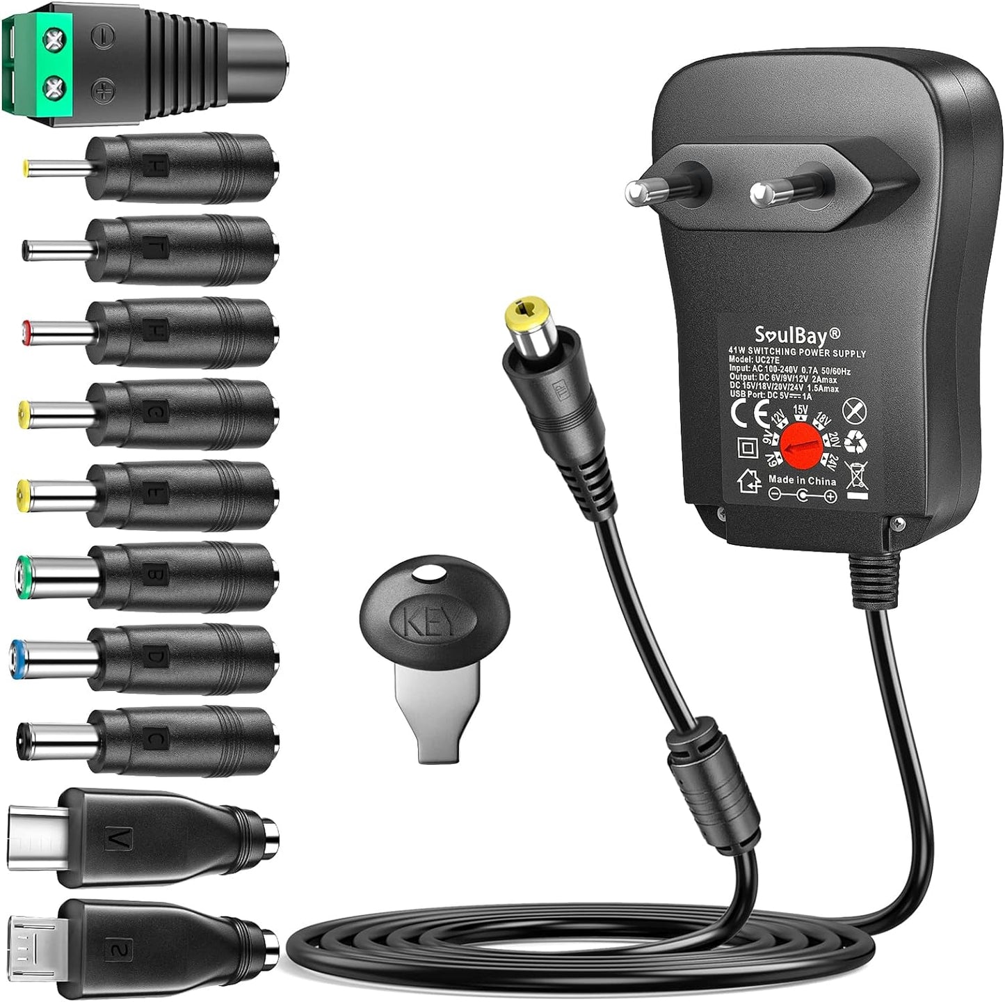 6V - 24V 41W Alimentatore Switching Universale per Caricabatterie CA/CC Con Punte CC Da 11 Pezzi, Contiene Spina USB-C per Elettronica Domestica E Strisce LED - 2000 Ma Max