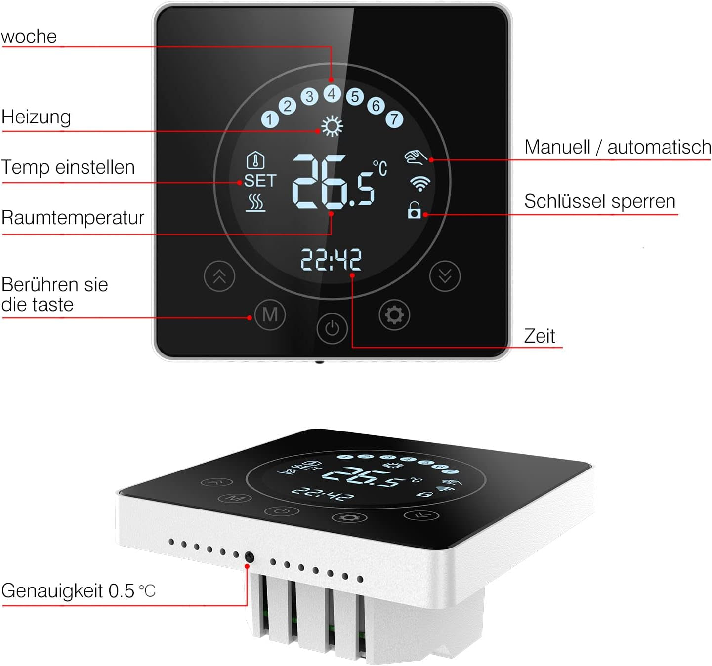 Termostato Intelligente Wifi, Display LCD, Touch Screen, Controllo Programmabile, Compatibile Con Alexa Google Home, Riscaldamento Elettrico a Pavimento per Casa, Scuola, Ufficio, Hotel