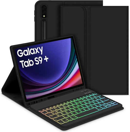 Tastiera Retroilluminata per Samsung Galaxy Tab S9+/S9 plus 12,4" 2023, QWERTZ Tastiera Retroilluminata Rimovibile Con Custodia per Galaxy Tab S9+ 12,4" 2023 (SM-X810/X816/X818), Nero