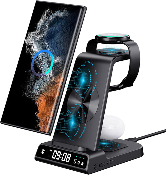 Caricatore Wireless Con Orologio Digitale per Samsung Galaxy S24 Ultra, Stazione Di Ricarica Wireless per Galaxy Watch 6 5Pro, Caricatore Wireless per S23 Ultra Z Flip 5 Galaxy Buds Pro 2