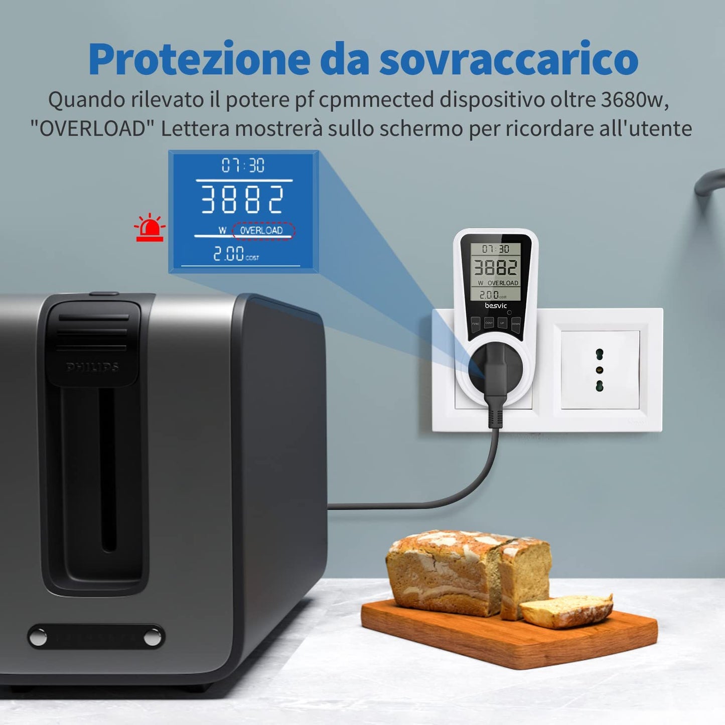 Misuratore Consumo Elettrico,  3680W Misuratore Di Potenza Contatore Del Consumo Di Corrente, Spina Italiana Con Schermo LCD, 7 Modalità Di Monitoraggio, Protezione Da Sovraccarico【1 Pack】