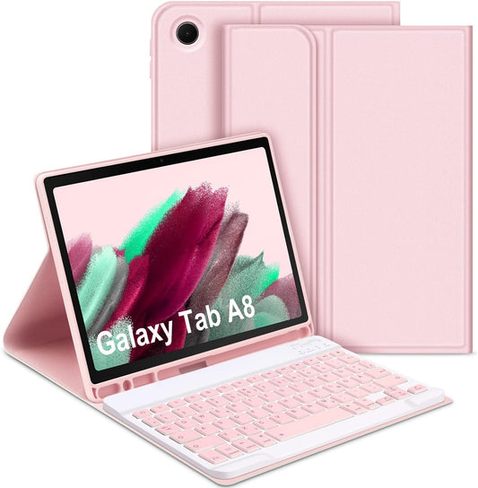 Custodia per Tastiera per Samsung Galaxy Tab A8 10,5" 2022, QWERTZ Tastiera Rimovibile Con Custodia Protettiva per Galaxy Tab A8 10,5 Pollici 2022 (SM-X200/X205/X207), Rosa