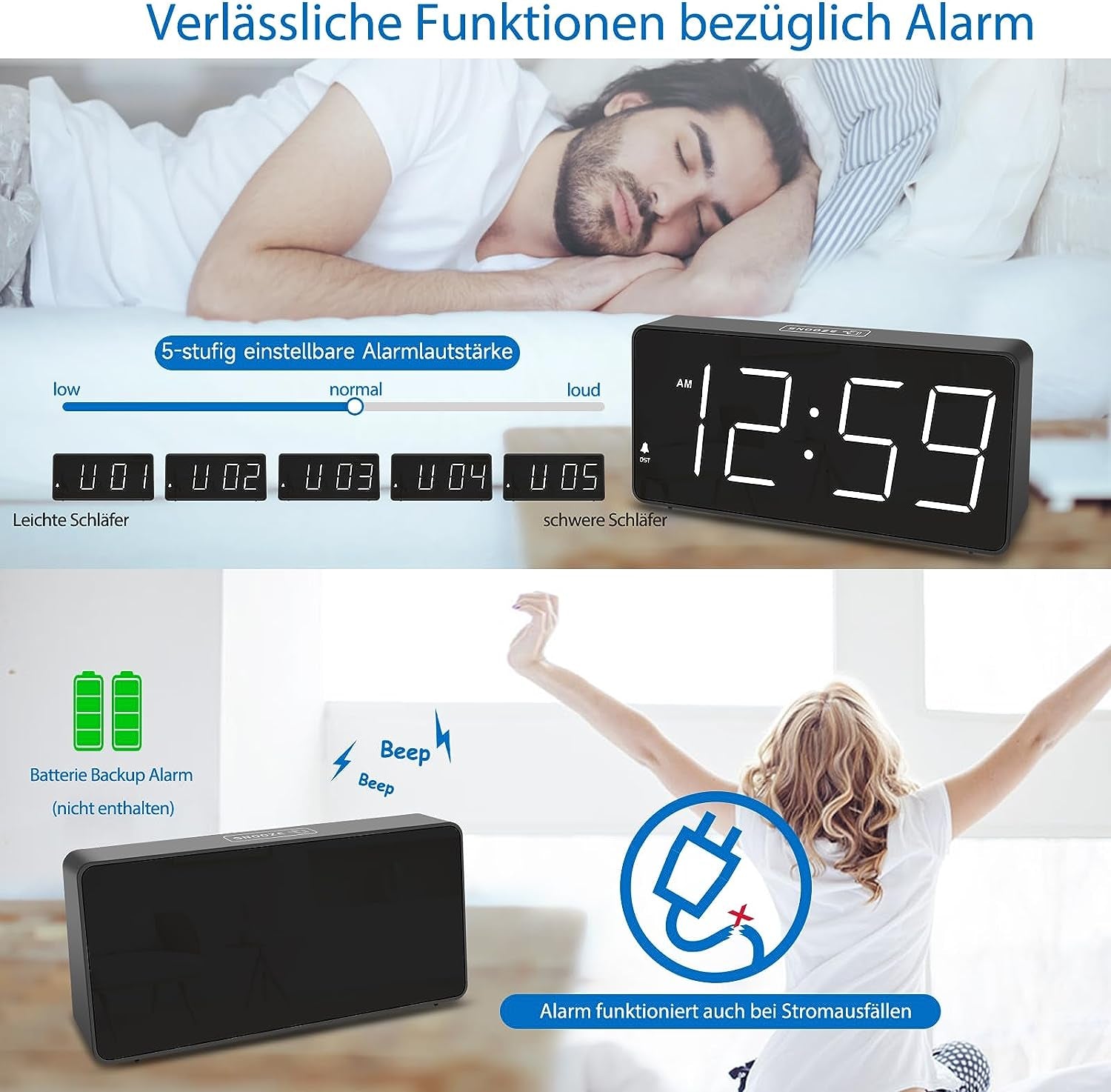 Sveglia Digitale a LED Con Numeri Grandi, Sveglia Con Stazione Di Ricarica, Luminosità E Volume Regolabili, Snooze, 12/24HR, Orologio Digitale Alimentato a Rete