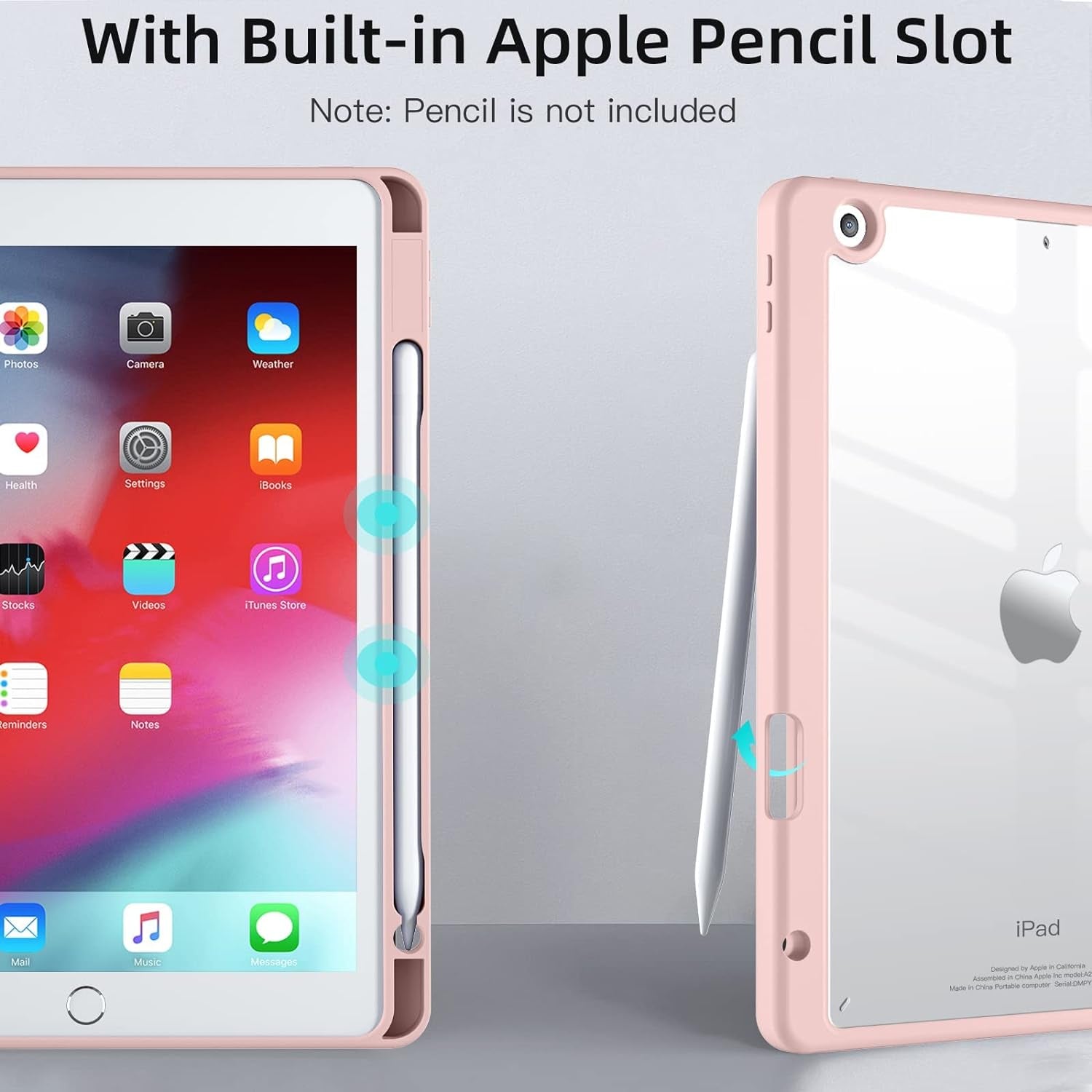 Trasparente Cover per Ipad 9A/8A/7A Generazione 10,2 Pollici (2021/2020/2019) Con Portapenne, Custodia Del Paraurti a Prova Di Shock Con Shell Posteriore Trasparente, Rosa