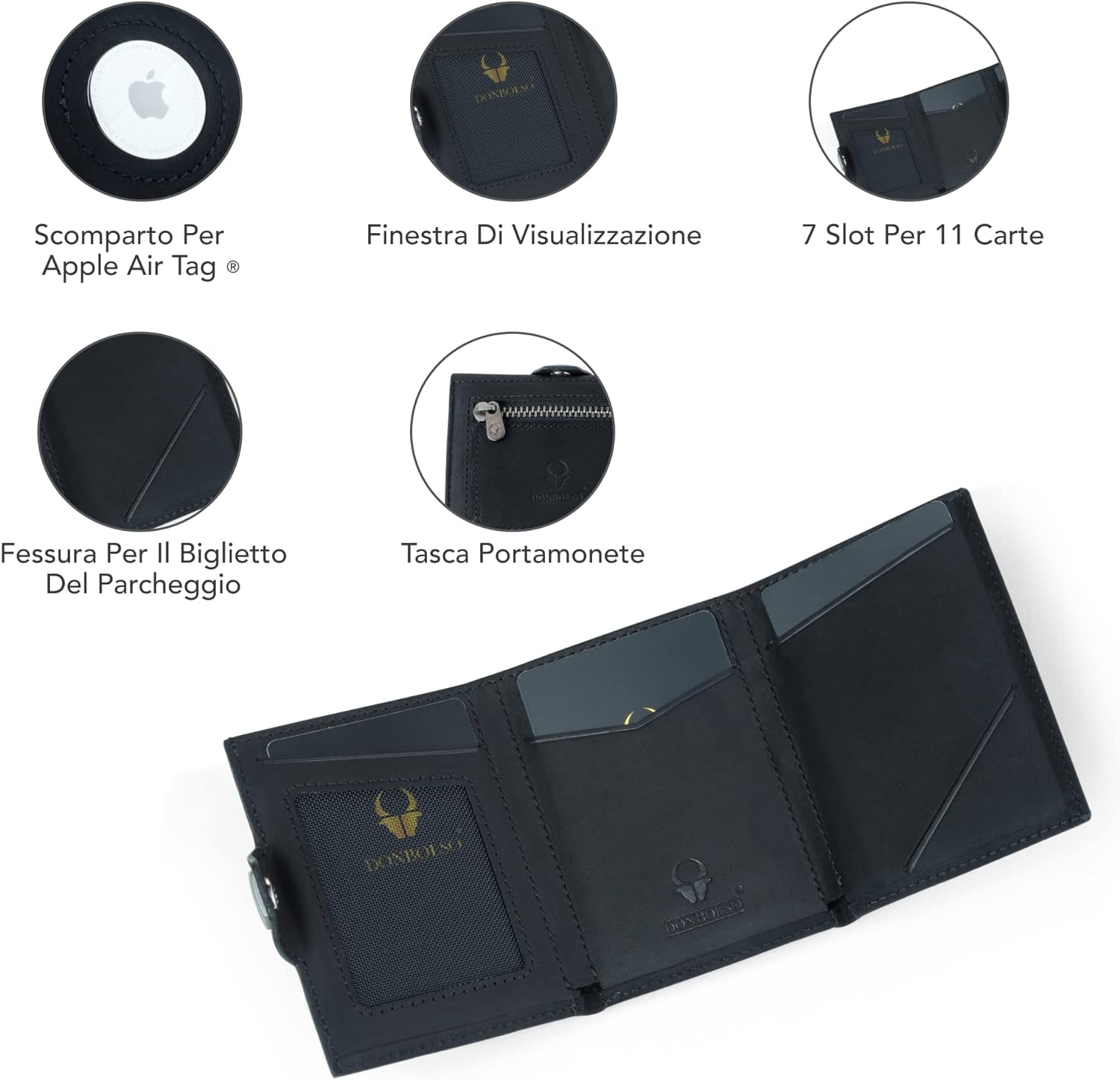 Portafoglio Airtag Da Uomo Con Tasca per Apple Airtag | Portafoglio Smart Uomo Con Portamonete | Portacarte Di Credito Da Uomo in Vera Pelle | Portafoglio Slim| Colore Nero Vintage