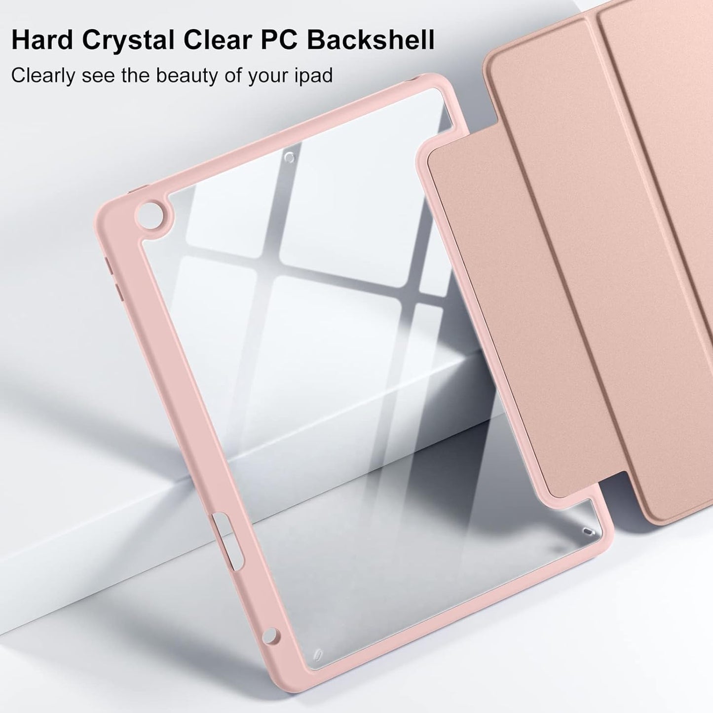 Trasparente Cover per Ipad 9A/8A/7A Generazione 10,2 Pollici (2021/2020/2019) Con Portapenne, Custodia Del Paraurti a Prova Di Shock Con Shell Posteriore Trasparente, Rosa