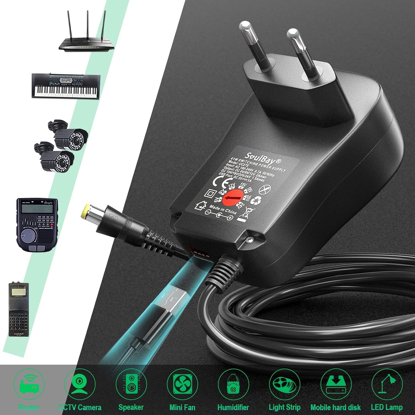 6V - 24V 41W Alimentatore Switching Universale per Caricabatterie CA/CC Con Punte CC Da 11 Pezzi, Contiene Spina USB-C per Elettronica Domestica E Strisce LED - 2000 Ma Max