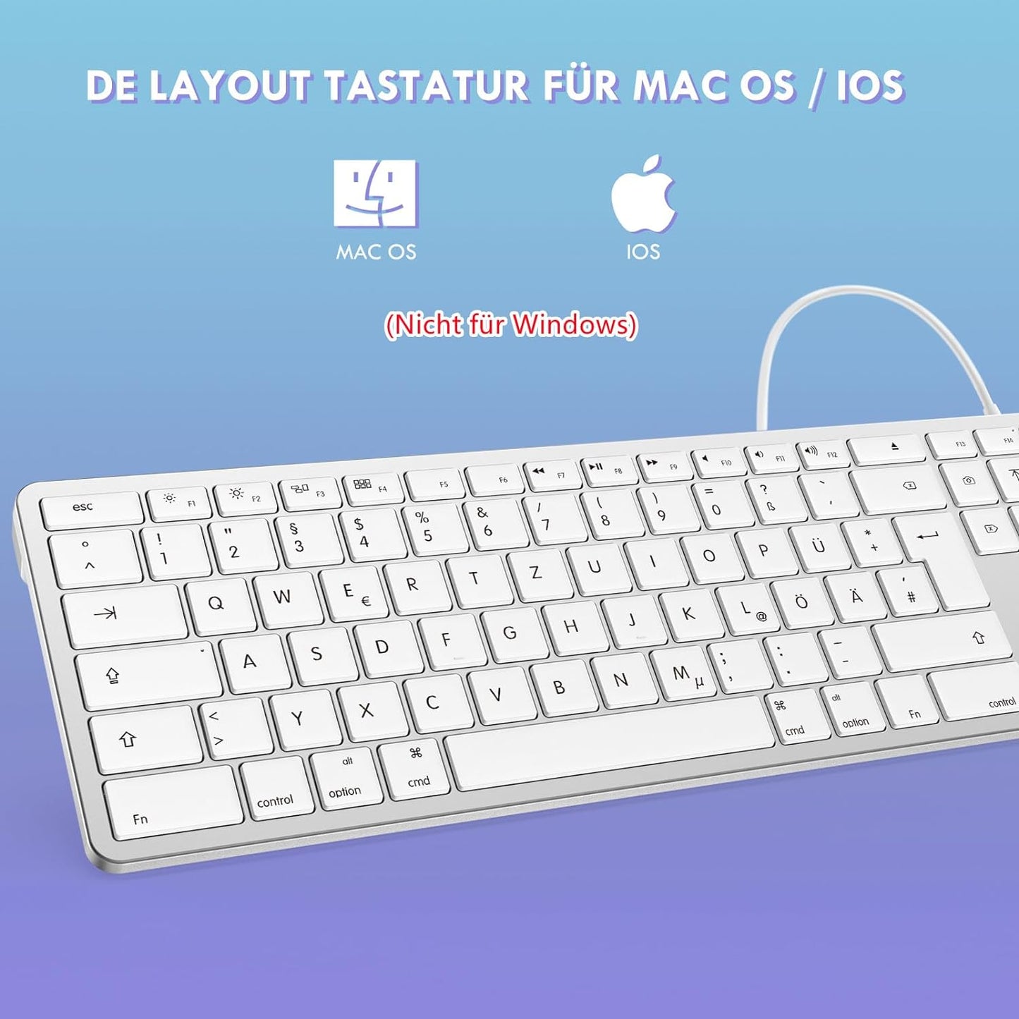 Tastiera Cablata Mac, Con Cavo E Connettore Tipo C/USB, Tastiera Tedesca QWERTZ Imac Solo per Mac OS/IOS, Argento E Bianco