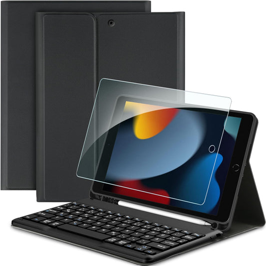 Custodia per Tastiera Compatibile Con Ipad Da 10,2 Pollici 9/8° E 7° Generazione Con Pellicola Protettiva, [QWERTZ Deutsches], Custodia Rimovibile per Tastiera Con Supporto per Matite, Nero