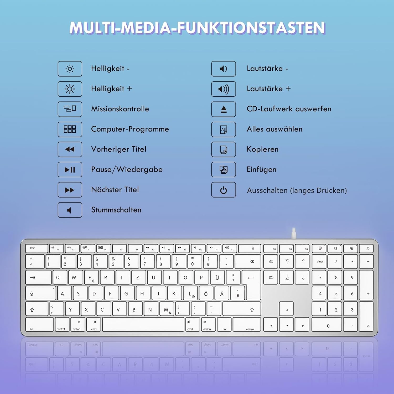 Tastiera Cablata Mac, Con Cavo E Connettore Tipo C/USB, Tastiera Tedesca QWERTZ Imac Solo per Mac OS/IOS, Argento E Bianco