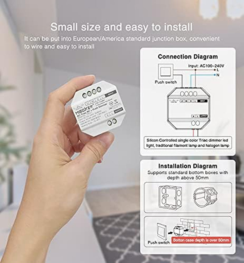 , Milight Miboxer TRIAC Dimmer Modulo RF + Controllo PUSH per Lampade Faretti AC 100-240V Trailing Edge Phase Cut Dimmer TRI-C1