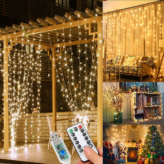 Tenda Luminosa - Luci Da Esterno Giardino, 3M 300LED Luci Led Decorative per Natale 8 Modalità Luci Led Luminarie Da Esterno per Anno Nuovo, Matrimonio, Portico, Casa, Interno, Luminarie Da Esterno