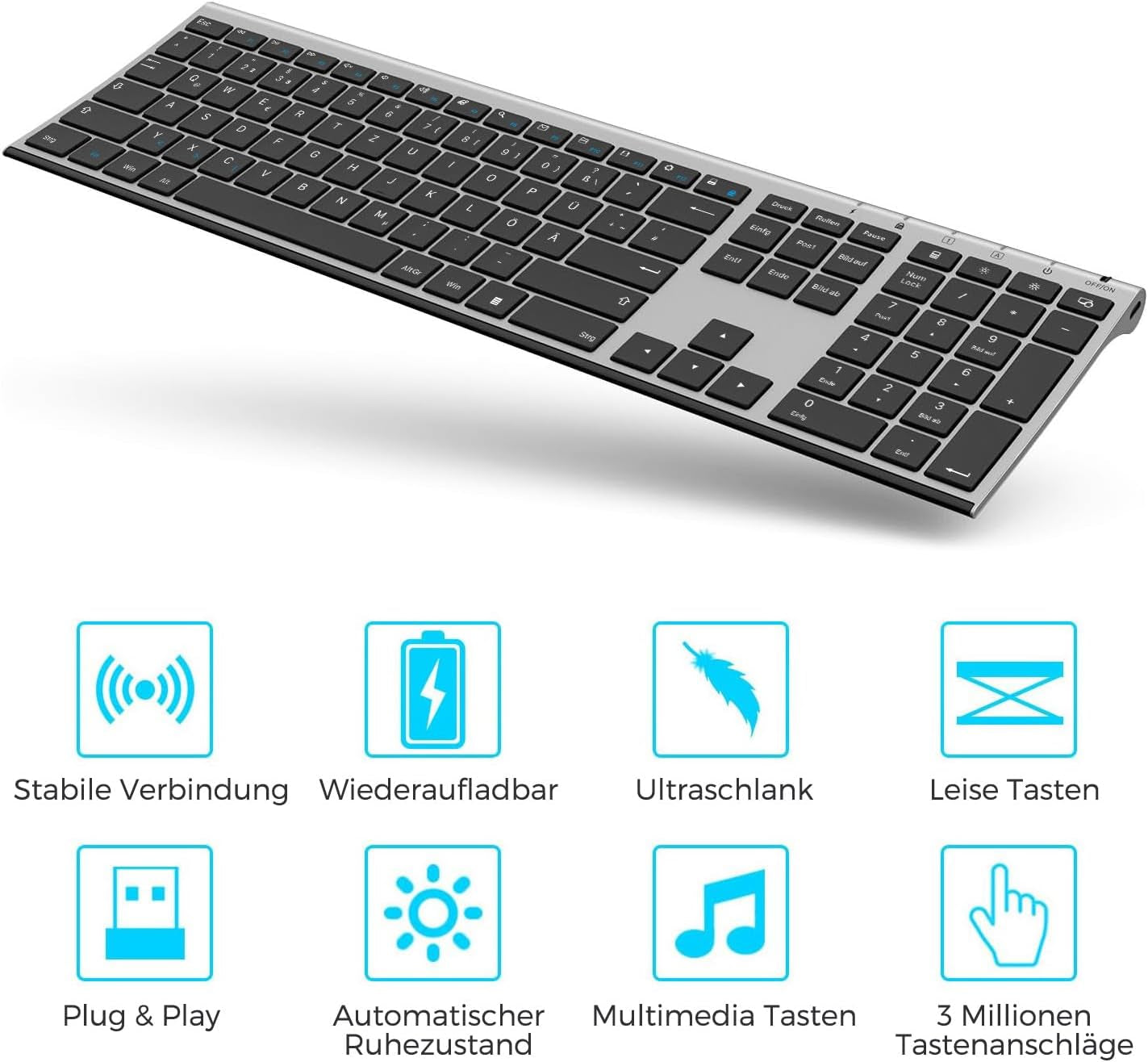 Tastiera E Mouse Senza Fili, 2,4 G, Ultra Sottile, Ricaricabile, Con Mouse Silenzioso, per Computer/Laptop, Dimensioni Complete E Layout QWERTZ (Nero E Grigio)