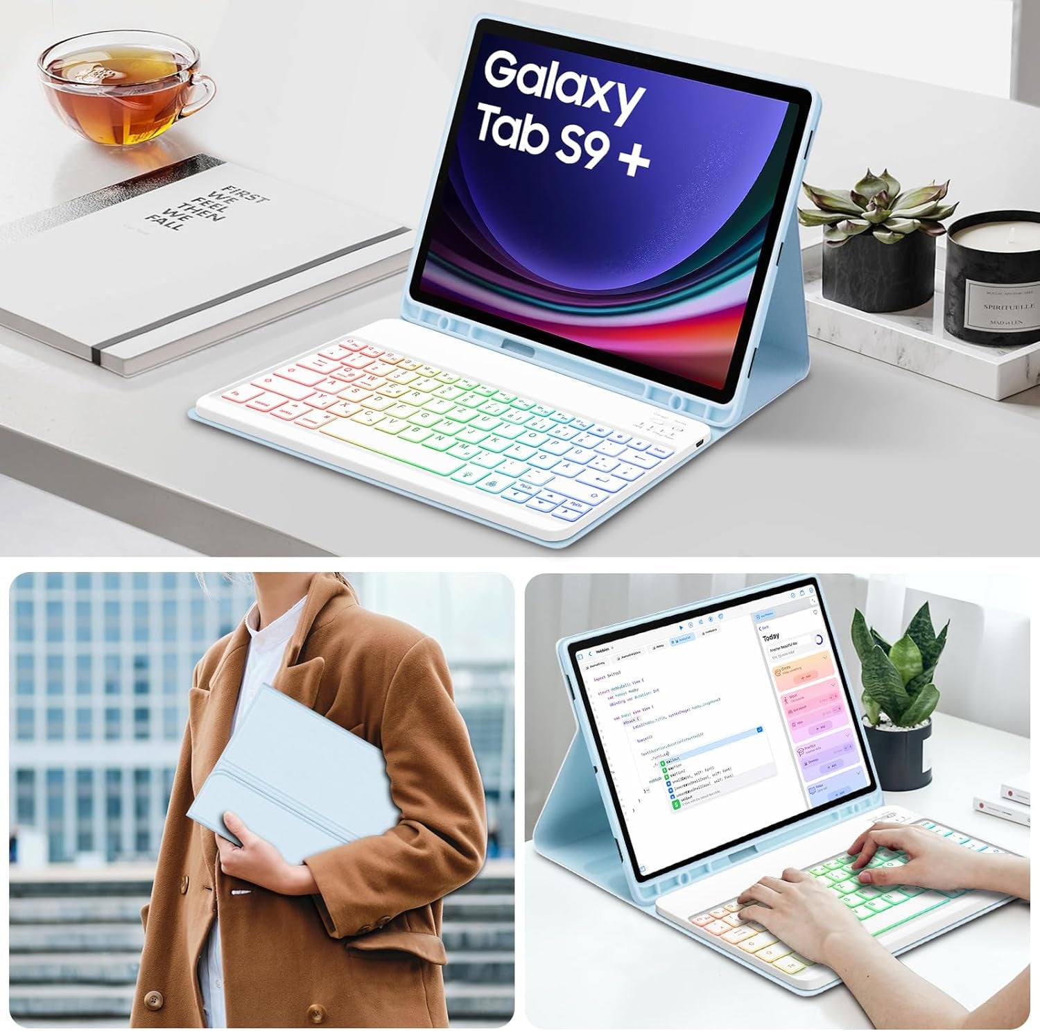 Tastiera Retroilluminata per Samsung Galaxy Tab S9+/S9 plus 12,4" 2023, QWERTZ Tastiera Retroilluminata Rimovibile Con Custodia per Galaxy Tab S9+ 12,4" 2023 (SM-X810/X816/X818), Blu