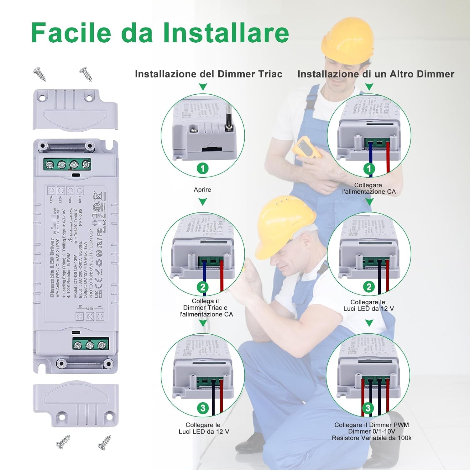 Trasformatore LED 12V 12W Dimmerabile Triac & 0-10V&1-10V & PWM & Resistenza Da 100K Alimentatore 12 Volt 1A Di Tensione Costante Driver LED AC 220V to DC Trasformatori Di Bassa Tensione