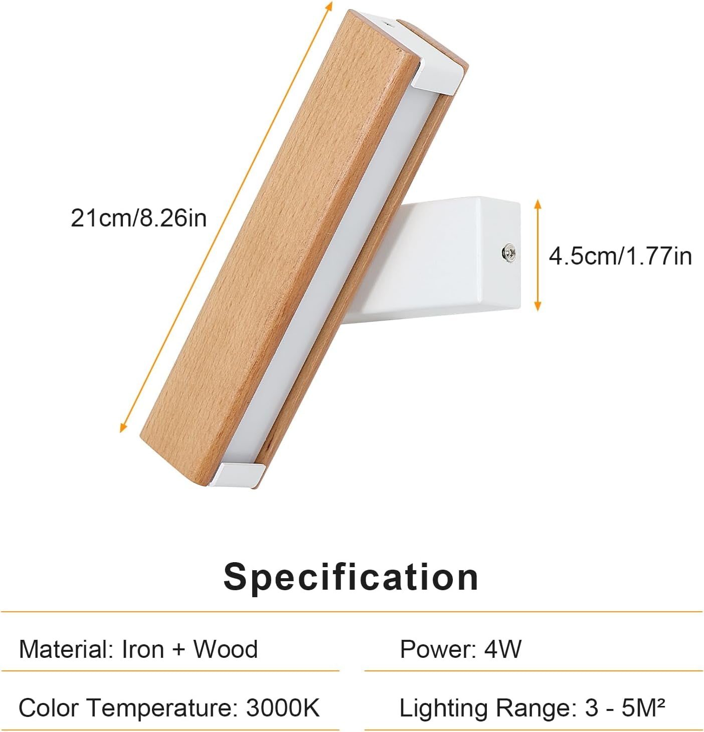 Applique Parete Legno, 4W Applique Da Parete Interno 360° Girevole, 3000K Lampada Da Parete a LED, Lampada a Muro in Alluminio per Soggiorno, Camera Da Letto, Corridoio, Base Bianca (21CM)