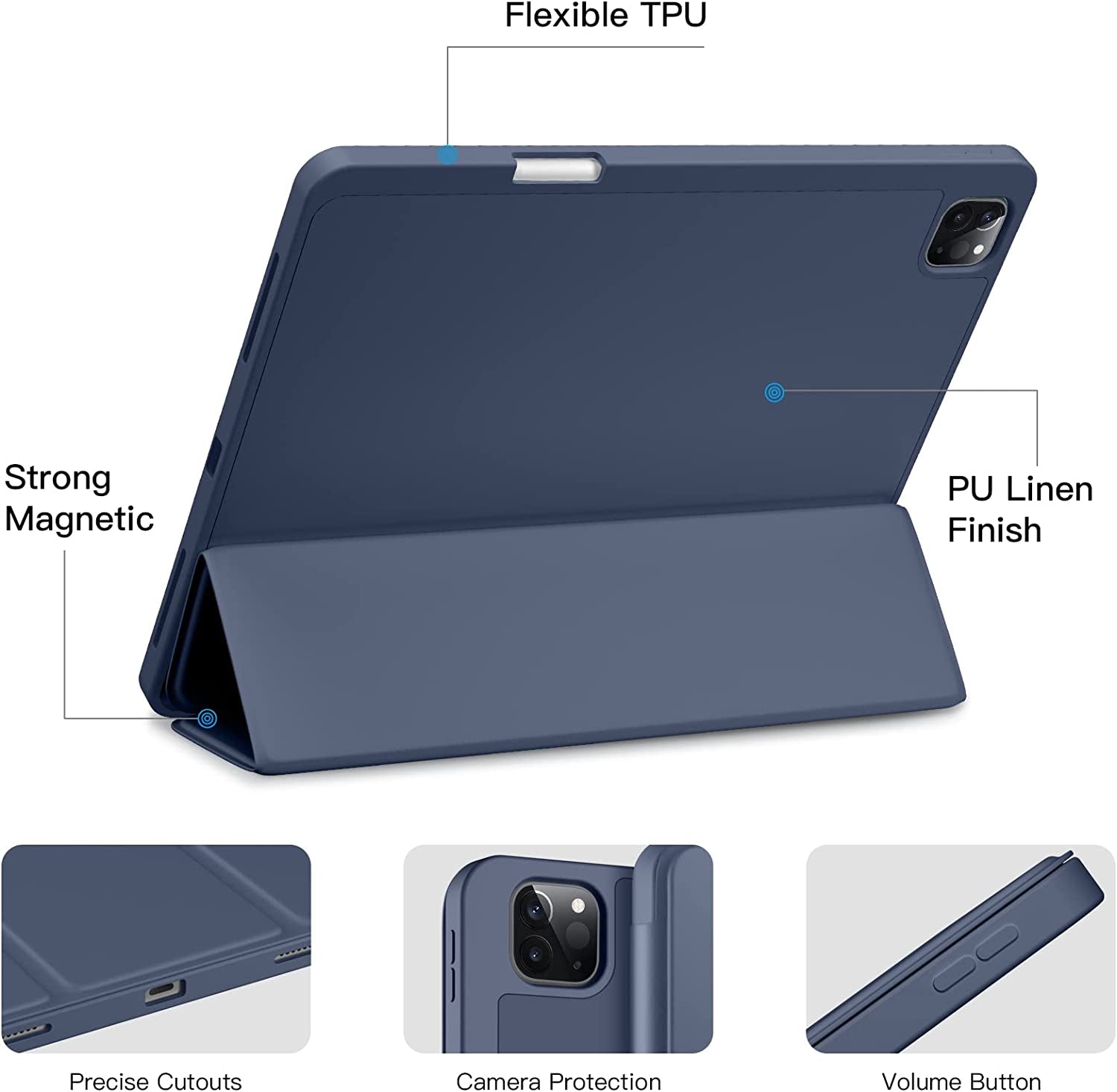 Custodia Compatibile Con Cover Ipad Pro 12.9 6A/5A/4A/3A Generazione, Cover Posteriore Flessibile in TPU Con Portamatite per Ipad Pro 12.9 2022/2021/2020/2018, Blu Grigio
