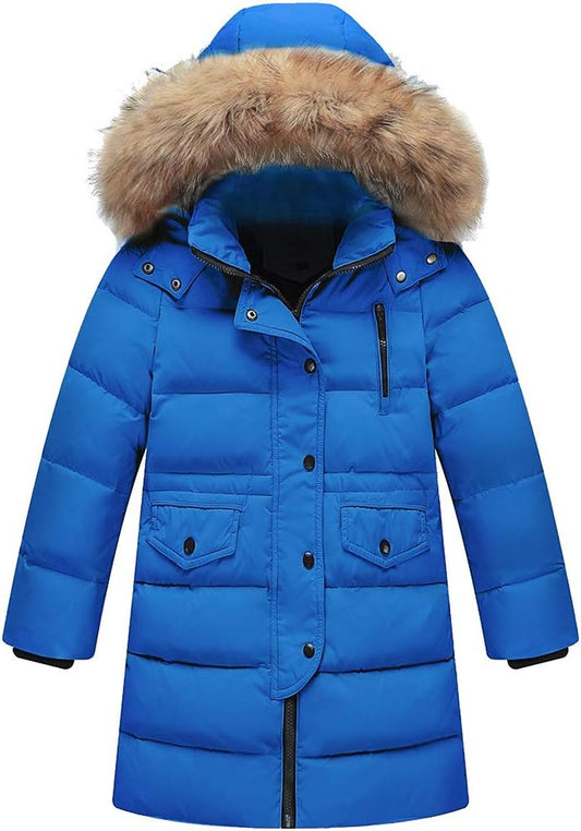 Bambini Ragazzi Inverno Piumino Imbottito Lungo Cappotto Con Pelliccia Cappuccio per 2-12 Anni