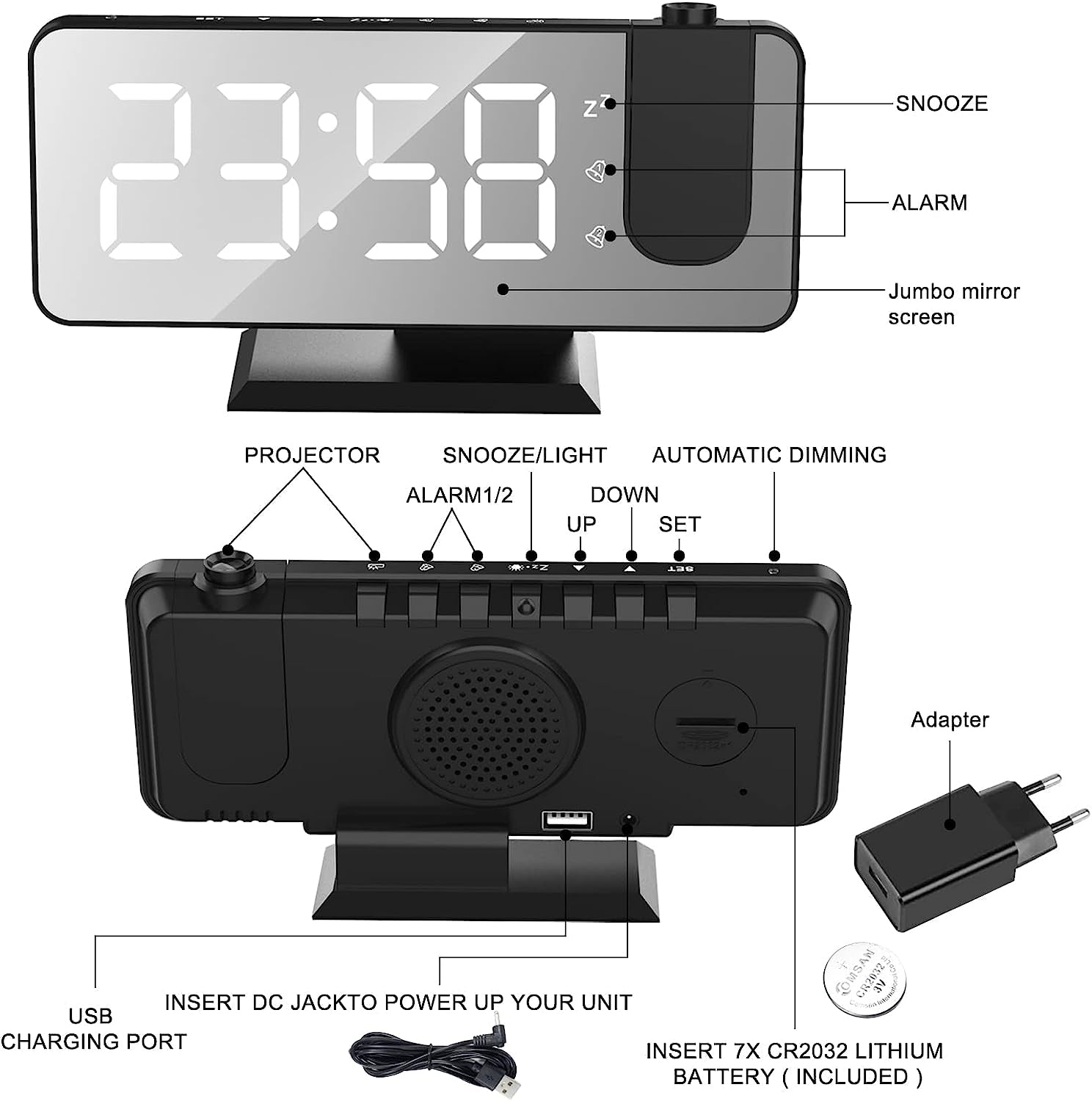 Sveglia Con Proiettore, Schermo a LED a Specchio Da 7.5", 4 Luminosità, Doppio Allarme Con Porta USB, Sveglia Digitale Con Proiettore Ultra Trasparente (Nero Con Adattatore)