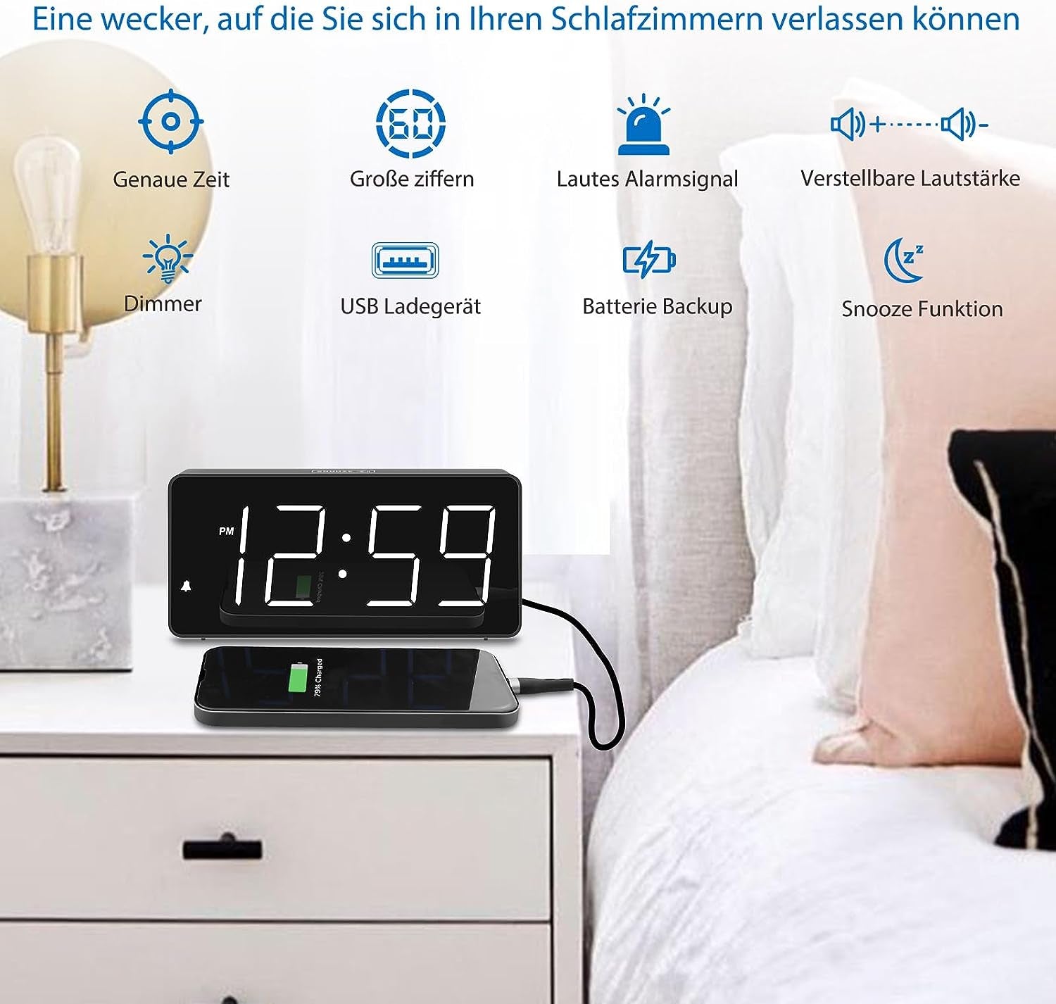Sveglia Digitale a LED Con Numeri Grandi, Sveglia Con Stazione Di Ricarica, Luminosità E Volume Regolabili, Snooze, 12/24HR, Orologio Digitale Alimentato a Rete